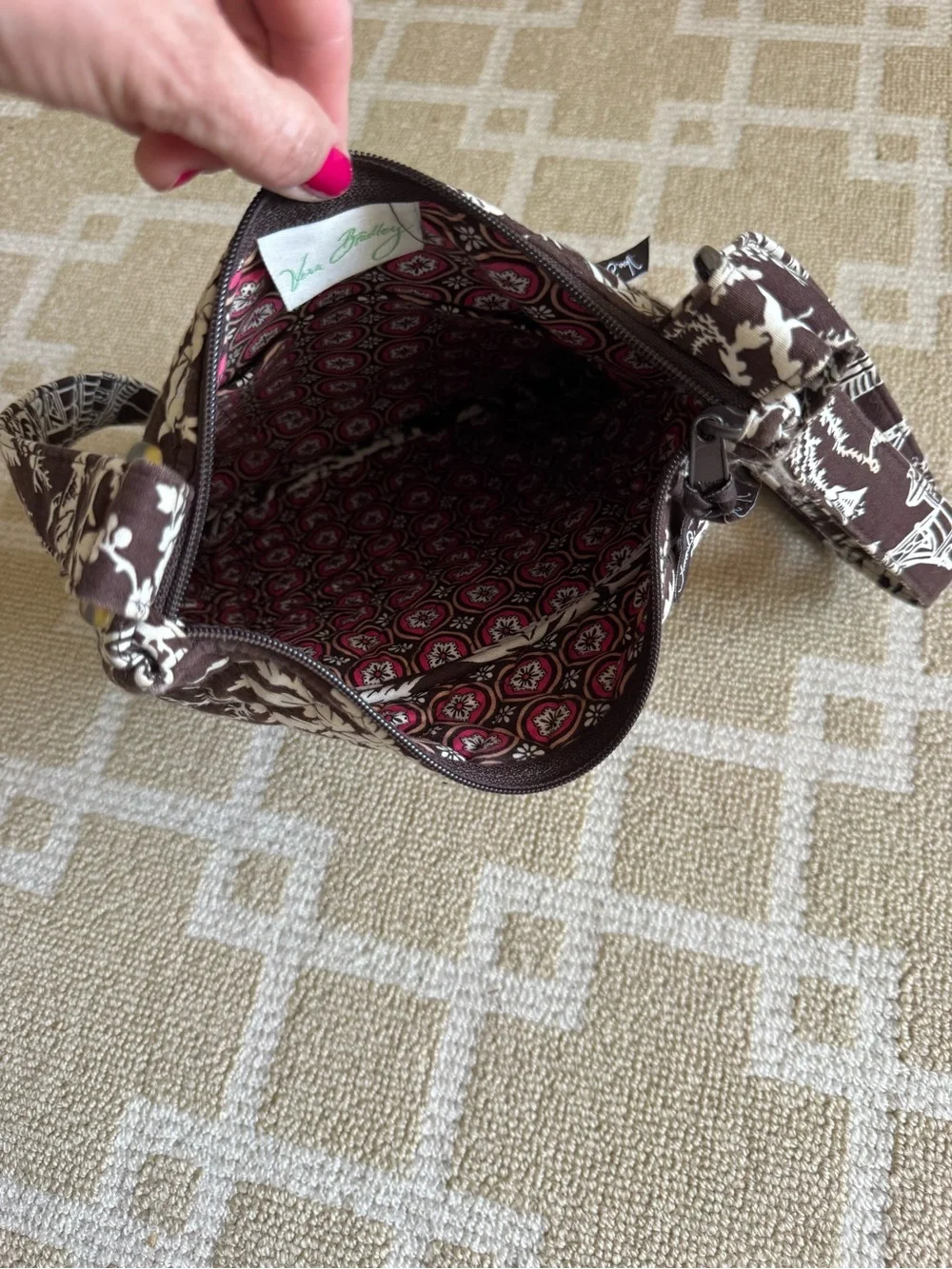 Vera Bradley Quilted Crossbody Bag Adjustable Shoulder Purse Brown Floral Print